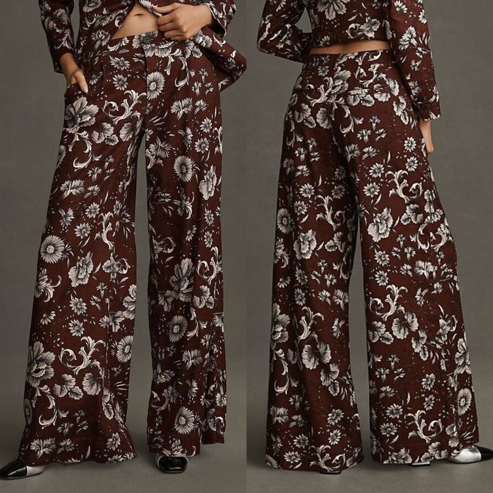 Anthropologie Linen Blend Mid Rise Wide Leg Pants Size 2 Floral Print